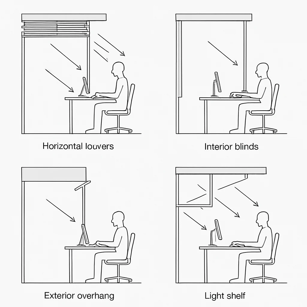 Maximizing Daylight Autonomy and Glare Control in Office Architecture – technical illustration