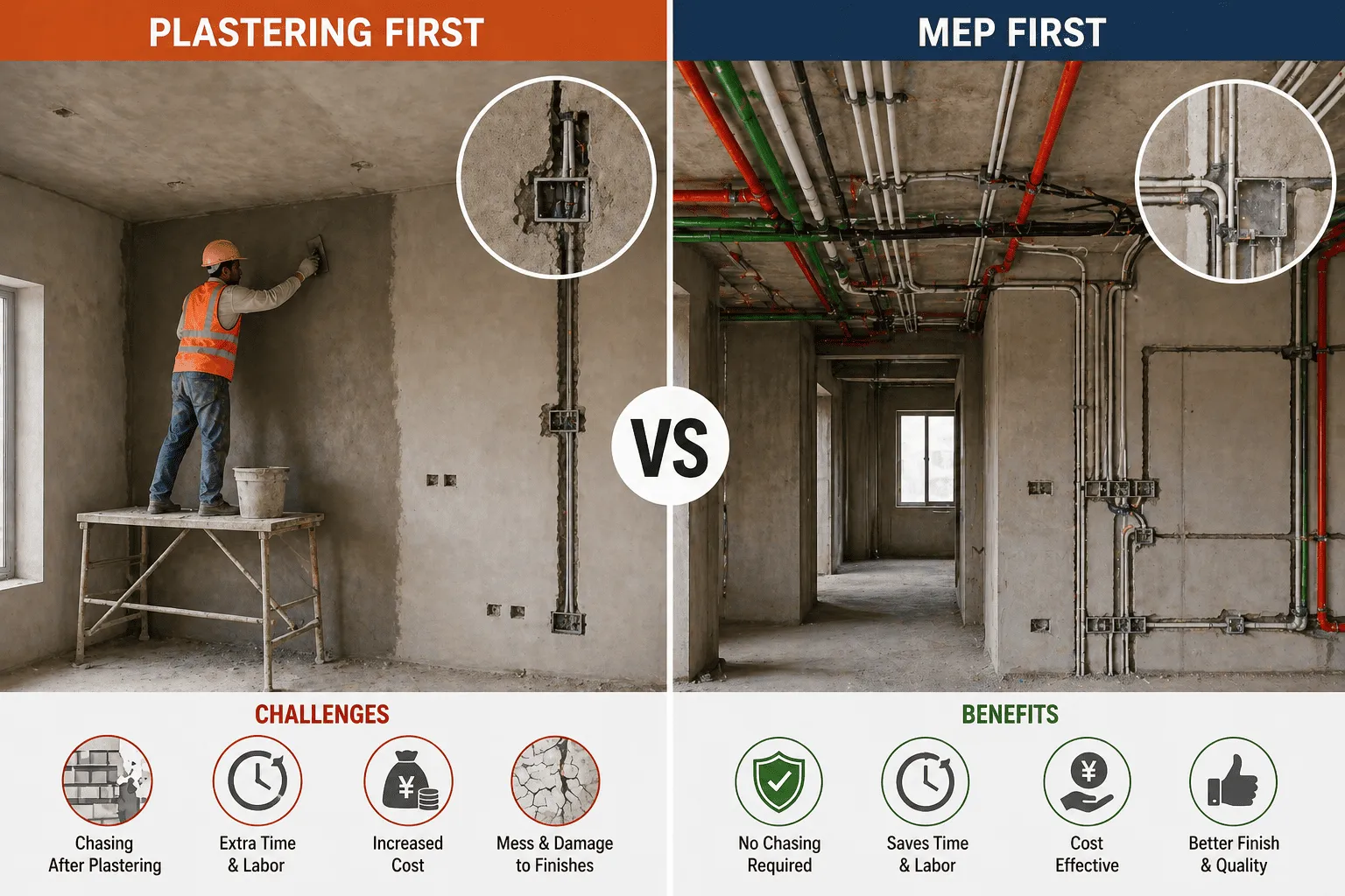 Plastering vs MEP Work: The Correct Construction Sequence